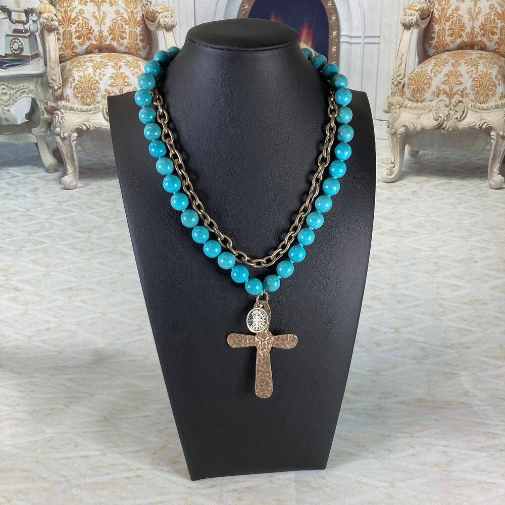 St. Benedict Medal Cross Necklace Turquoise Howlite Chunky Multi-Strand Western